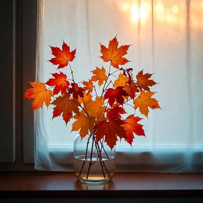 Maple leaves in a vase by a window