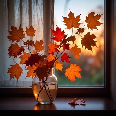 Colorful fall leaves in vase on window sill