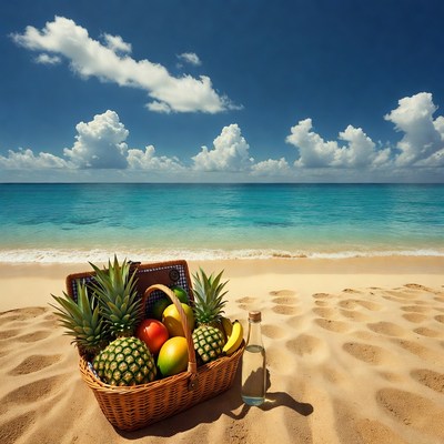 Fruit basket on sandy beach