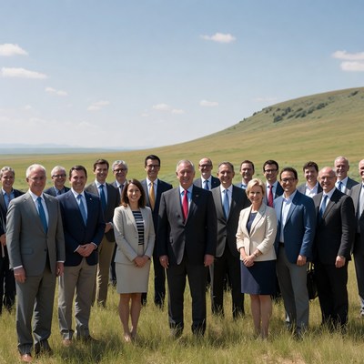 Group posing in green field under blue sky