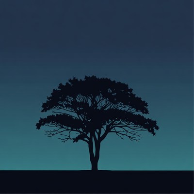 Tree silhouette at dusk in open space