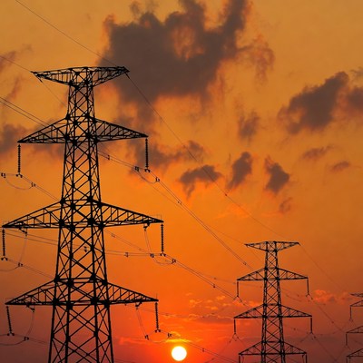 Sunset behind power lines