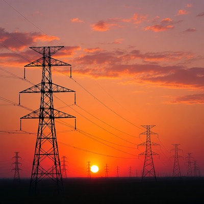 Sunset behind power lines