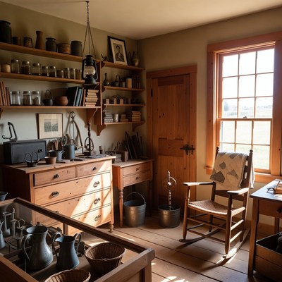 Workshop with wooden furniture and tools