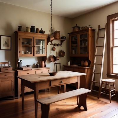Simple kitchen with rustic furniture and items