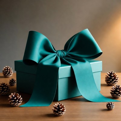 Gift box with ribbon and pinecones