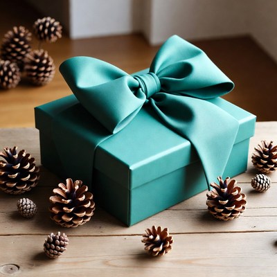 Gift box with bow and pinecones