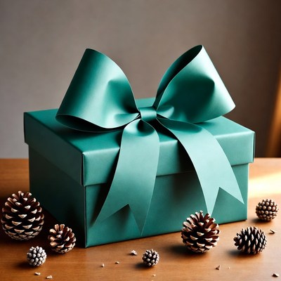 Wrapped gift with ribbon and pinecones