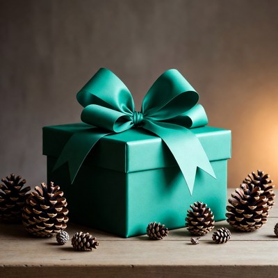 Holiday gift with pine cones display