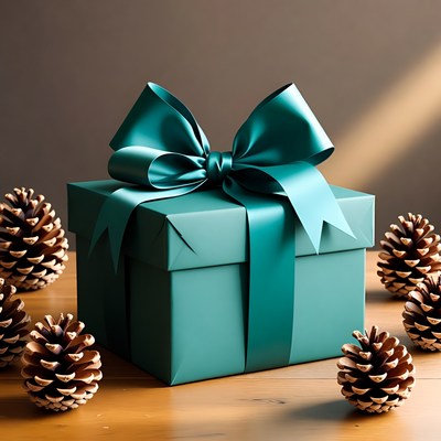Gift box on wooden table with pinecones