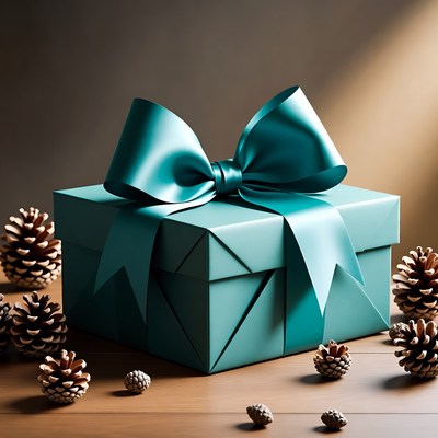 Wrapped gift with bow and pine cones