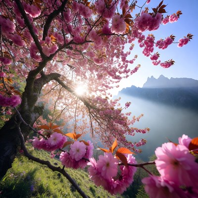 Cherry blossoms bloom in mountain sunlight