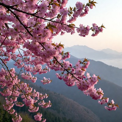 Cherry blossoms on mountain in spring