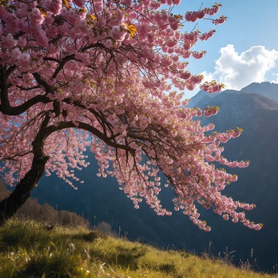 Blossom tree in a mountain setting