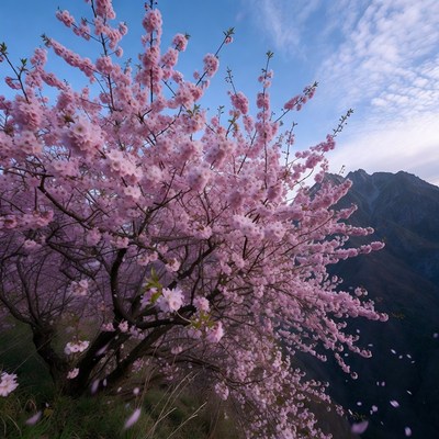 Cherry blossom tree near mountains