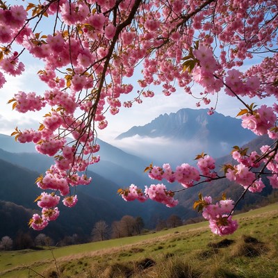 Pink blossoms in mountain valley