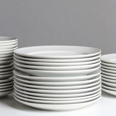 Stacked white plates in a collection