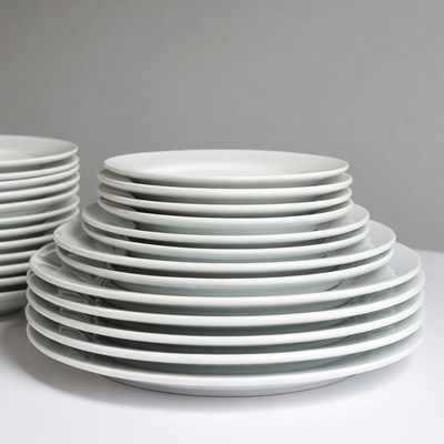 Stacked white dinner plates in a kitchen