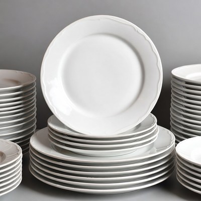 Stacked white plates on display