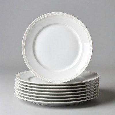 Stack of white plates on table