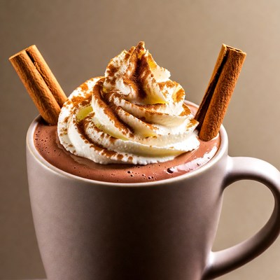 Hot drink with whipped cream and cinnamon sticks