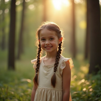Girl smiling in forest at sunset