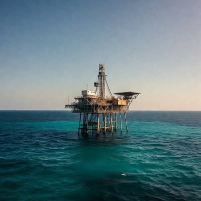 Oil rig stands in blue water