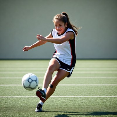 Girl plays soccer on field