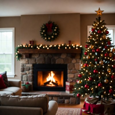 Cozy living room with christmas tree and fireplace
