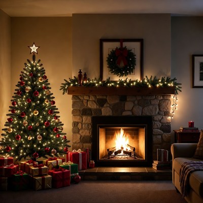 Cozy holiday setting with tree and fireplace