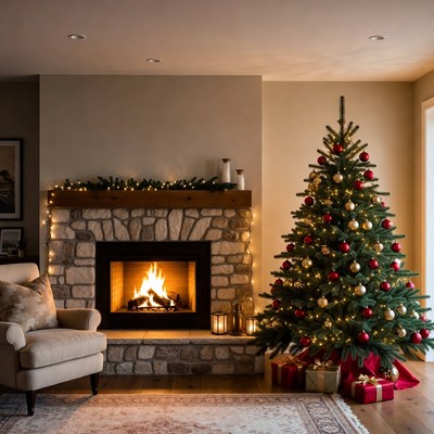 Cozy room with christmas tree and fire