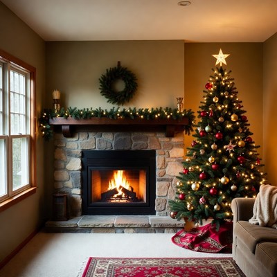 Cozy winter scene with fireplace and tree