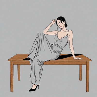 Woman in gray dress on table