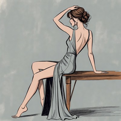Woman in dress poses on table