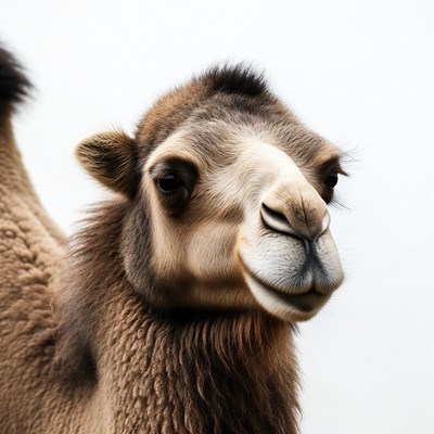 Camel looking at the camera on white background