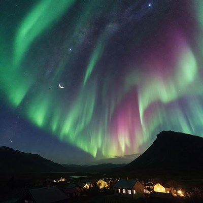 Northern lights over village at night