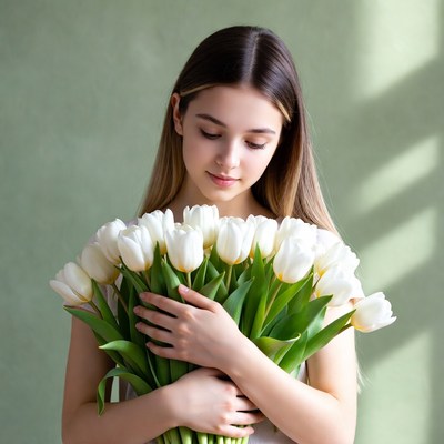 Girl holding white tulips indoors
