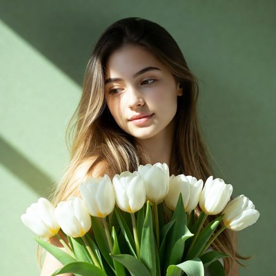 Girl holding white tulips indoors