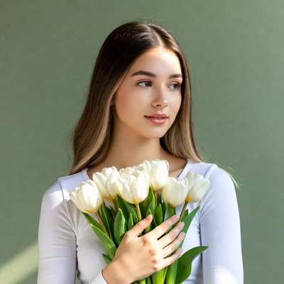 Woman holding white tulips indoors