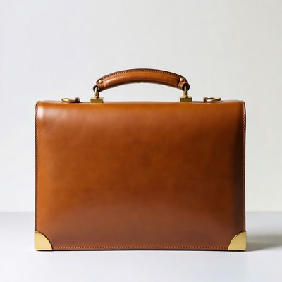 Brown leather briefcase on white surface