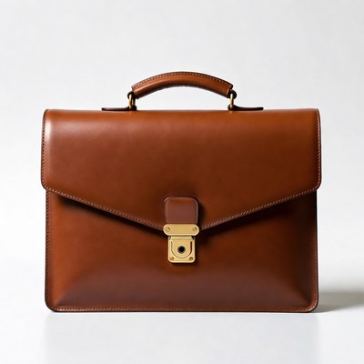 Brown leather briefcase on white background