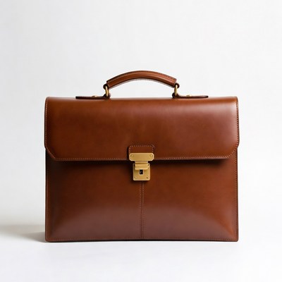 Brown leather briefcase on white background