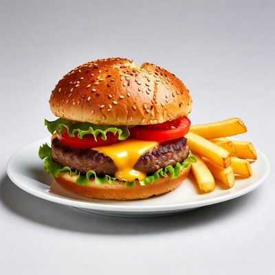 Juicy burger with fries on a plate