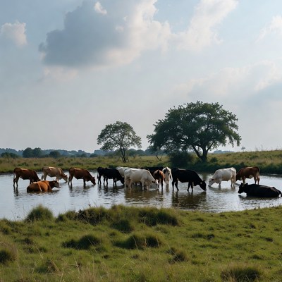 Cows drinking water in a field