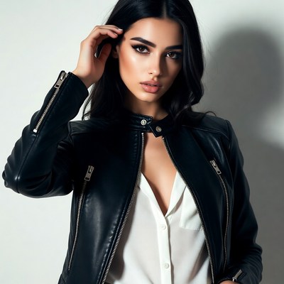 Woman in black leather jacket