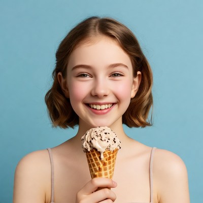Girl holds ice cream cone on blue background