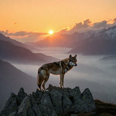 Wolf standing on rock at sunset