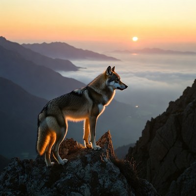 Wolf on mountain at sunset