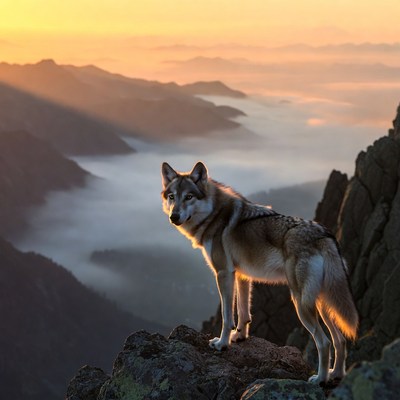 Wolf on mountain at sunset