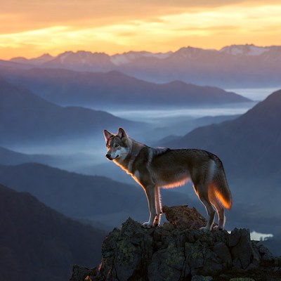 Wolf on mountain during sunset